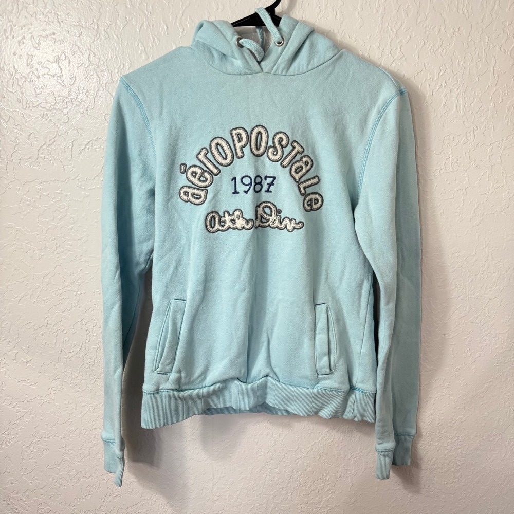 Aeropostale 1987 Ath Div Pullover Hoodie Blue Women Sweatshirt Logo Pockets Y2K